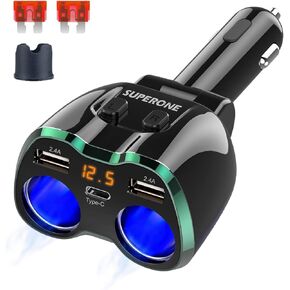 SUPERONE 2 Socket Cigarette Lighter Splitter 12/24V 80W Dual USB Type-C Adapter Independent Switch LED Voltage Display Replaceable 10A Fuse Compatible Cell Phone GPS Dash Cam