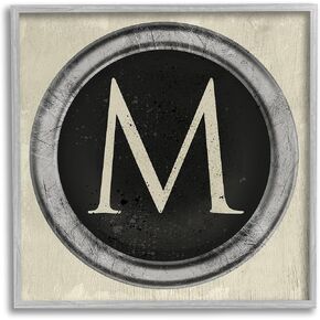 Stupell Industries Letter M Initial Vintage Shape Typewriter Key, Designed by Daphne Polselli Gray Framed Wall Art, 12 x 12, Beige