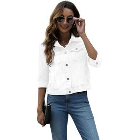 happlan Women's 3/4 Sleeve Short Denim Jacket Lapel Button Down Cropped Trucker Jean Jackets Coats
