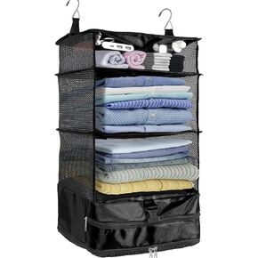 Protable Hanging Travel Shelf Bag, Expandable Packing Cube, Luggage Packing Organizer,X-Large Carry-On Closet with 4-Shelf & 2 Hooks, Suitcase Organizer Bag Suitcase Packing Box (Grey XL)