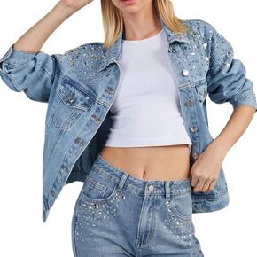 LifeShe Women's Rhinestone Denim Jacket Casual Long Sleeve Jeans Trucker Jacket Coat
