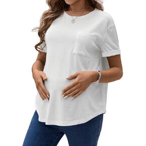 OYOANGLE Women's Maternity Short Sleeve Pocket Front T-Shirts Loose Summer Tee Tops Pregnancy Tees