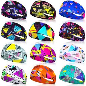 12 Pcs 80s 90s Retro Vintage Headbands Memphis Sweatbands Scarfs for Men Women Neon Soft Athletic Sweatband Headbands Wicking Elastic Hairband for Travel Party Hiking Cycling Running