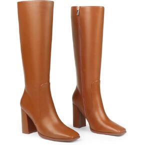 Zzheels Women's Knee High Boots Chunky Heels Square Toe Boots Go Go Boots with Side Zipper