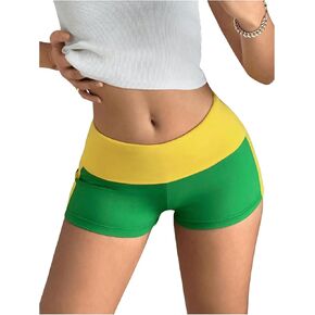 Women's Color Block Shorts Letter and Brazil Flag Print Midi Waist Skinny Shorts