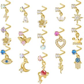 15 Pcs 20G Gold Dangle Nose Studs L Shaped Nose Rings Colorful Diamond Dangling Nose Piercing Jewelry for Women Men