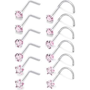 18G 20G Pink CZ Nose Rings Studs 316L Surgical Steel L Shaped Screw Hypoallergenic Nose Studs Shiny Cubic Zirconia Nostril Nose Piercing Jewelry for Women Men Silver