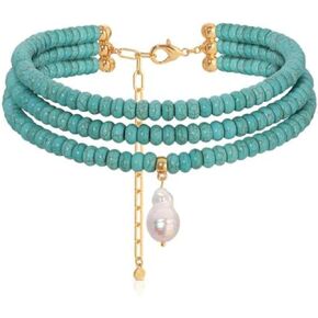 Ettika Pearl Necklace. Turquoise Jewelry For Women, Marina Layers Turquoise Beaded Pearl Pendant Necklace, 18k Gold Plated