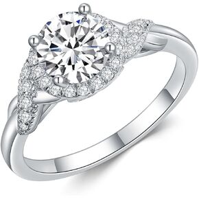 1 Carat Round Cut Moissanite Engagement Rings for Women Platinum Plated Silver Halo Women’s Engagement Ring for Wedding Anniversary
