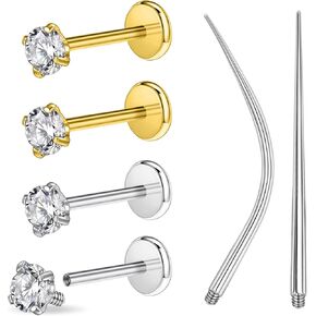 PunkTracker 6PCS 16g/18g Gold Silver Surgical Steel Internal Thread CZ Stud Piercing Jewelry for Tragus/Nose/Helix/Conch/Medusa/Lip/Labret - Helix Tragus Cartilage Earring for Women Men