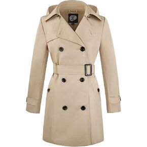 Women's Double-Breasted Trench Coat,Classic Windbreaker with Removable Hood, Belted Lapel Overcoat