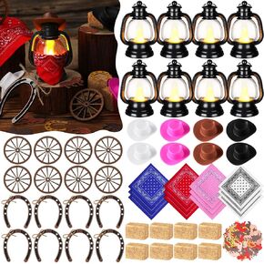 73 Pcs Western Cowboy Party Decorations Set Mini Lanterns Cowboy Hats Bandannas Horseshoes Wagon Wheel Hay Bales Glitter Western Cowboy Table Confetti for Party Supplies (Brown)