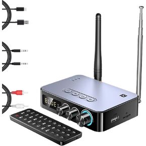 Bluetooth 5.1 Transmitter Receiver for TV 4-in-1 Wireless Bluetooth Adapter with Optical AUX RCA 6.5 Mic Connection, Low Latency NFC Audio Adapter with FM Radio Simultaneously for Home Party KTV in Kuwait
