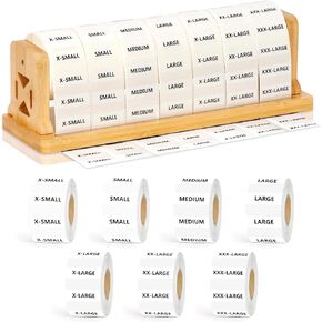1050Pcs Clothing Size Label Dispenser with Clear Clothing Size Strip Labels 11.3*3.3*3.5inch Wooden Label Dispenser Label Stand Holder Sticker Roll Holder Organizer For Tshirt Size Stickers 7 Sizes