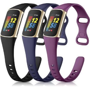 Maledan Compatible with Fitbit Charge 5 Bands for Women Men, Soft Silicone Breathable Sport Replacement Accessories Slim Strap for Fitbit Charge 6/Charge 5 Advanced Fitness Tracker, Black/Blue/Gray