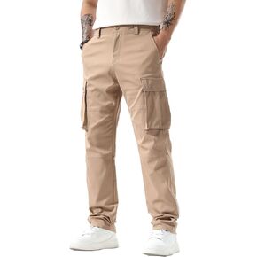 Plaid&Plain Men's Cargo Pants Loose Straight Fit with Multi-Pocket and Oversized Belt Loops