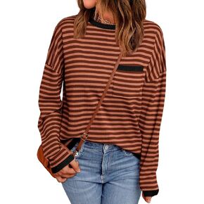 LILLUSORY Womens Oversized Striped Soft Knit Pullover Sweater Shirts with Chest Pocket