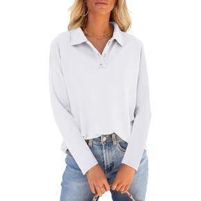 PGANDS Women's Long Sleeve Collared Polo Shirts V Neck Button Down Casual Tops
