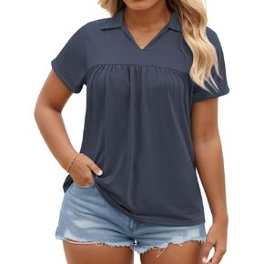 VISLILY Womens-Plus-Size-Summer-Tops Collared V Neck Polo Shirts Flowy Pleated Tunics Trendy Roll Short Sleeve Blouses