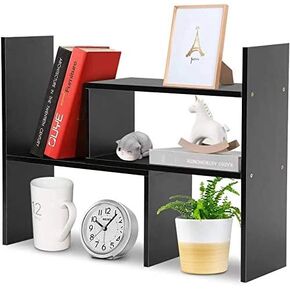 Expandable Desktop Bookshelf,Wood AdjustableDesktop Storage Organizer,Desktop storage rack,Free Style Rotation Display,Office Supplies Desk Organizer,Multipurpose Rack Office,Bathroom,Kitchen (Black)