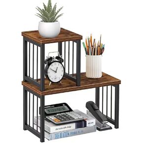 Desk Shelf - Desk Shelf for Top of Desk, Small Bookshelf for Desk, Stackable Desktop Shelf, Shelf for Desk for Office, Home, Bathroom, Rustic Brown
