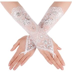 Yolev White Lace Gloves Long Fingerless Rhinestone Gloves Tea Party Sleeves To Cover Arms For Women Formal Elbow Length Arm Tulle Sleeve For Opera Wedding Bridal Princess Cosplay Prom Masquerade