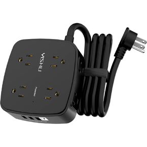 6 Ft Surge Protector Power Strip - 8 Widely Outlets with 4 USB Ports, 3 Side Outlet Extender with 6 Feet Extension Cord, Flat Plug, Wall Mount, Desk USB Charging Station, ETL,Black