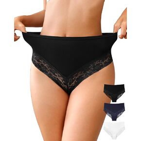 OLIKEME Womens High Waisted Underwear Cotton Bikini Panties Sexy Lace Hispter No Show Soft Stretch Cheeky Panties 3 Pack