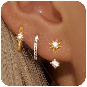 Gold Hoop Earrings for Women, 14k Gold CZ Stud Earring, Eight Pointed Star Huggie Hoop Earrings for Women (3 Pairs)