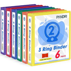 3 Ring Binder 2 Inch, PANDRI 6 Pack 2-Inch Binder Fits Letter Size 8.5'' x 11'' Paper, Versatile Binders for Office Home School, 2 Pockets, Assorted 6 Color