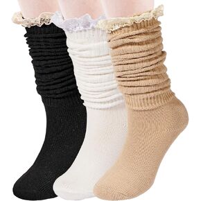 3 Pairs Slouch Socks for Women, Ruffle Frilly Turn Cuff Socks, Vintage Knit Scrunch Knee High Boot Socks Size 9-11