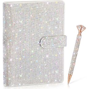 A6 Rhinestone 6 Ring Notebook Binder with Diamond Pen Set Silver Bling Office Accessories Supplies for Women Teen Girls Glitter Gift Set