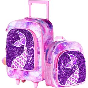 AGSDON 2PCS Kids Luggage, Suitcases for Girls, Carry on Rolling Luggage with Wheels, 18" Toddler Suitcase Set 12" with Sequin Backpack - Pink Mermaid