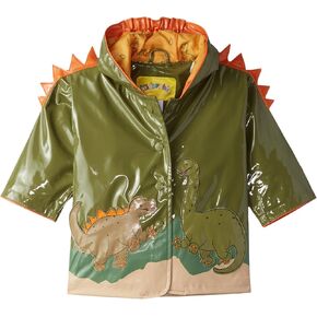 Green Dinosaur PU All-Weather Raincoat for Boys With Fun Dino Spikes and Volcano