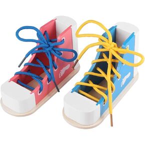 Learn to Tie Shoes for Kids with Wooden Lacing Shoe Tying Kids Shoe Tying Practice Kit with Wooden Toys, 2 Pairs, Blue/Green