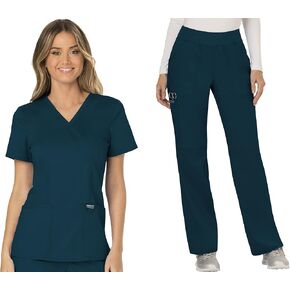 Cherokee Scrub Set For Women, Modern Classic Fit Mock Wrap Top WW610 With Mid Rise, Straight Leg Pant WW110, Caribbean Blue- L Top/L Petite Pant