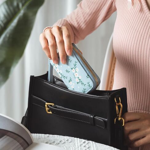 حافظة بطاقات الائتمان RFID للسيدات، محفظة بسحاب مضغوط، جلد، نمط ديزي، أزرق in Kuwait