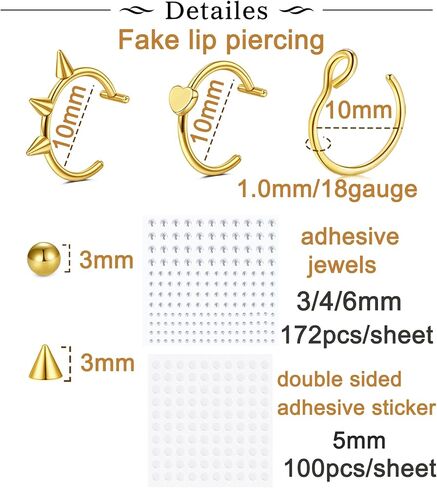 Longita Fake Lip Ring Fake Lip Piercing Fake Piercings Ball Spike Fake Nose Ring Hoop Fake Face Piercing Fake Nose Stud Stick on Fake Bridge Eyebrow Piercing Fake Eyebrow Ring Silver Gold Black in Saudi Arabia