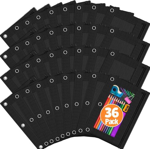 حقيبة أقلام رصاص من LURLIN مكونة من 3 حلقات، 36 حقيبة أقلام رصاص بسحاب، حافظة أقلام سوداء للوازم المكتبية المدرسية في الفصل الدراسي، جيب كبير من القماش القوي والمتين لأقلام الرصاص المكونة من 3 حاملات in Kuwait