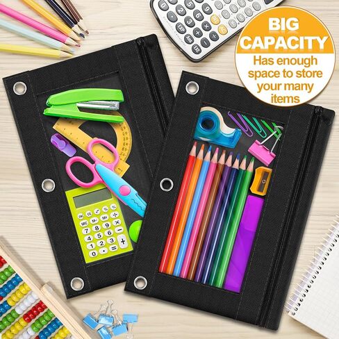 حقيبة أقلام رصاص من LURLIN مكونة من 3 حلقات، 36 حقيبة أقلام رصاص بسحاب، حافظة أقلام سوداء للوازم المكتبية المدرسية في الفصل الدراسي، جيب كبير من القماش القوي والمتين لأقلام الرصاص المكونة من 3 حاملات in Kuwait