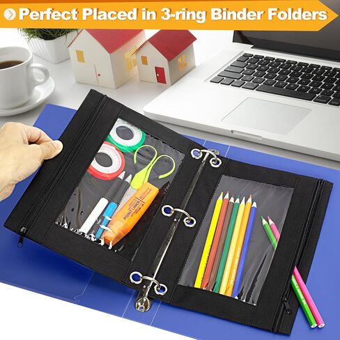 حقيبة أقلام رصاص من LURLIN مكونة من 3 حلقات، 36 حقيبة أقلام رصاص بسحاب، حافظة أقلام سوداء للوازم المكتبية المدرسية في الفصل الدراسي، جيب كبير من القماش القوي والمتين لأقلام الرصاص المكونة من 3 حاملات in Kuwait