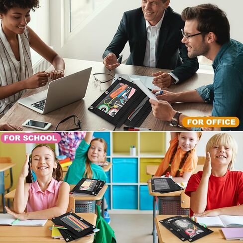 حقيبة أقلام رصاص من LURLIN مكونة من 3 حلقات، 36 حقيبة أقلام رصاص بسحاب، حافظة أقلام سوداء للوازم المكتبية المدرسية في الفصل الدراسي، جيب كبير من القماش القوي والمتين لأقلام الرصاص المكونة من 3 حاملات in Kuwait