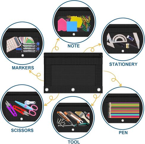 حقيبة أقلام رصاص من LURLIN مكونة من 3 حلقات، 36 حقيبة أقلام رصاص بسحاب، حافظة أقلام سوداء للوازم المكتبية المدرسية في الفصل الدراسي، جيب كبير من القماش القوي والمتين لأقلام الرصاص المكونة من 3 حاملات in Kuwait
