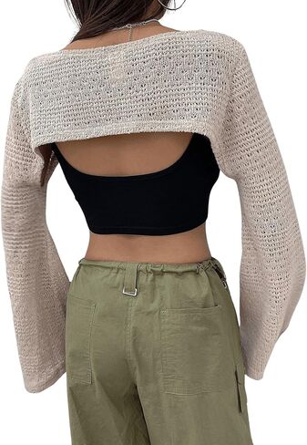 Women's Hollow Out Bolero Shrug Crop Top Long Sleeve Y2k Crochet Bolero Crop Top Streetwear in Saudi Arabia