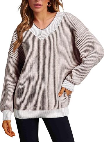 EVALESS Striped Sweaters for Women Fall Casual V Neck Color Block Drop Shoulder Oversized Sweater Long Sleeve Pullover Tops in Saudi Arabia