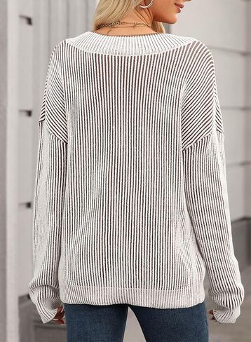 EVALESS Striped Sweaters for Women Fall Casual V Neck Color Block Drop Shoulder Oversized Sweater Long Sleeve Pullover Tops in Saudi Arabia