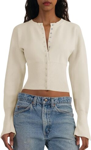 Saodimallsu سترات نسائية مقصوصة بأزرار سفلية وأكمام طويلة ورقبة على شكل حرف V ومضلعة ومتماسكة ومقاس نحيف بلوفر علوي قصير in Kuwait