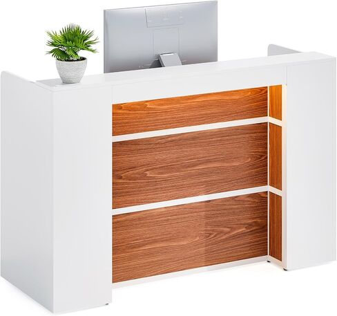LITTLE TREE 63 Inches Reception Desk, Modern Reception Table with LED Light, Front Counter Desk, Wooden Checkout Counter for Lobbies, Salons, Retail, Home Offices, Reception Room, Black & Brown in Kuwait