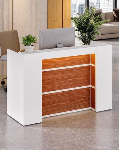 LITTLE TREE 63 Inches Reception Desk, Modern Reception Table with LED Light, Front Counter Desk, Wooden Checkout Counter for Lobbies, Salons, Retail, Home Offices, Reception Room, Black & Brown in Kuwait