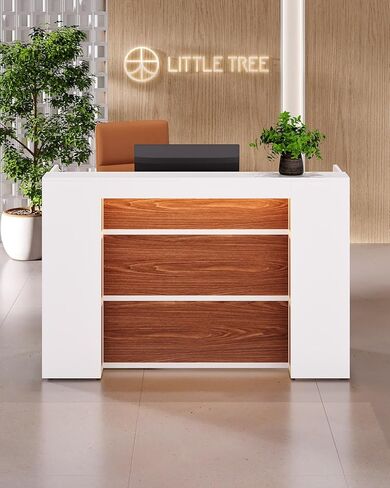 LITTLE TREE 63 Inches Reception Desk, Modern Reception Table with LED Light, Front Counter Desk, Wooden Checkout Counter for Lobbies, Salons, Retail, Home Offices, Reception Room, Black & Brown in Kuwait